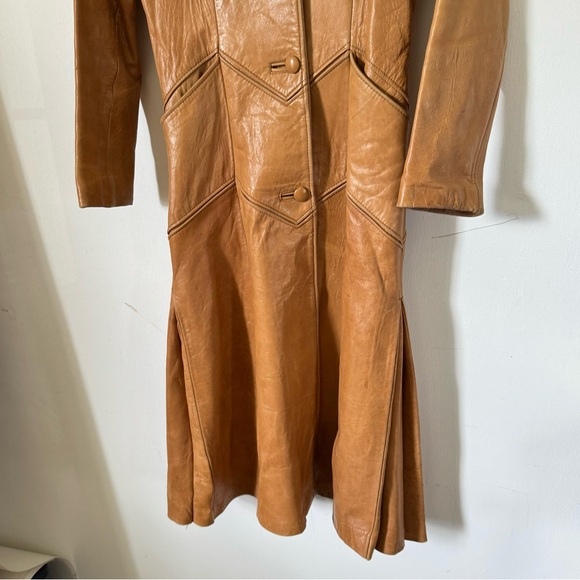 Vintage 70s Brown Leather Maxi Coat Chevron Stitching Retro Boho Womens XS - Picture 5 of 13